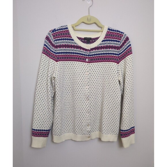 Talbot's Women's Cream Fair Isle Button Cardigan Grandmacore Nylon & Wool SZ L - Picture 1 of 13